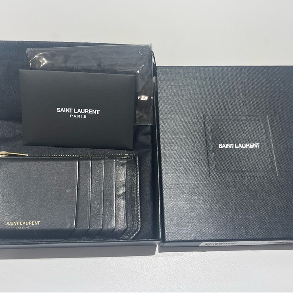 Saint Laurent Handbags - SAINT LAURENT PARIS FRAGMENTS ZIP CARD CASE IN COATED BARK LEATHER BLACK UNISEX